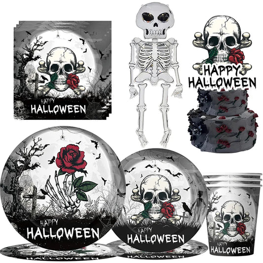 Assiettes de fête gothiques en forme de crâne pour Halloween, tasses, serviettes, corbeau de Rose, décors de fête pour Halloween, squelette, jour des morts, anniversaire