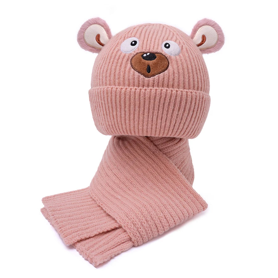 Ensemble chapeau et écharpe brodés ours pour enfants de 3 à 12 ans, mignon et polyvalent, adapté aux garçons et aux filles, automne et hiver, 2 pièces