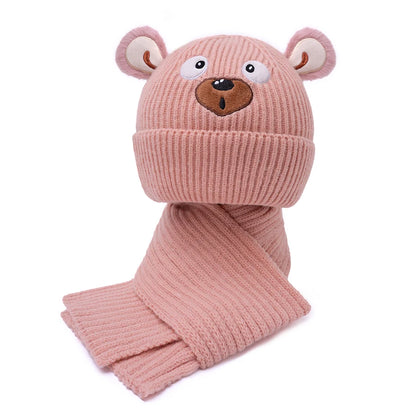 Ensemble chapeau et écharpe brodés ours pour enfants de 3 à 12 ans, mignon et polyvalent, adapté aux garçons et aux filles, automne et hiver, 2 pièces