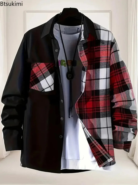 2025Men's printemps automne décontracté à manches longues chemise mode Patchwork Plaid conception simple boutonnage chemise manteaux confortable Cardigan
