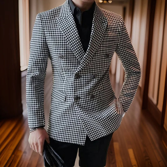 Costumes à carreaux à double boutonnage pour hommes, coupe couvertes, carreaux pied-de-poule, smoking de marié de mariage, olympiques de mode, veste et pantalon, 2024, 2 pièces
