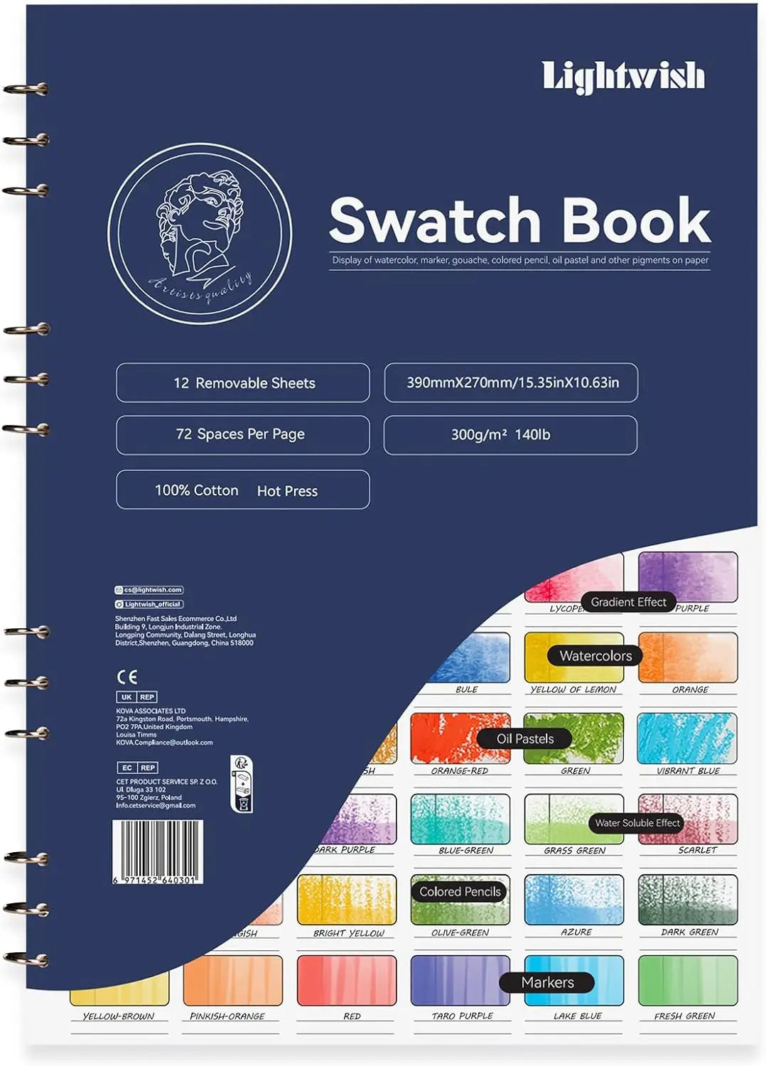 LIGHTWISH – livre d'échantillons d'aquarelle, 12 feuilles détachables 100% coton, 36 espaces, 300 g/m2/140 lb pour aquarelle, Gouache, pastels à l'huile
