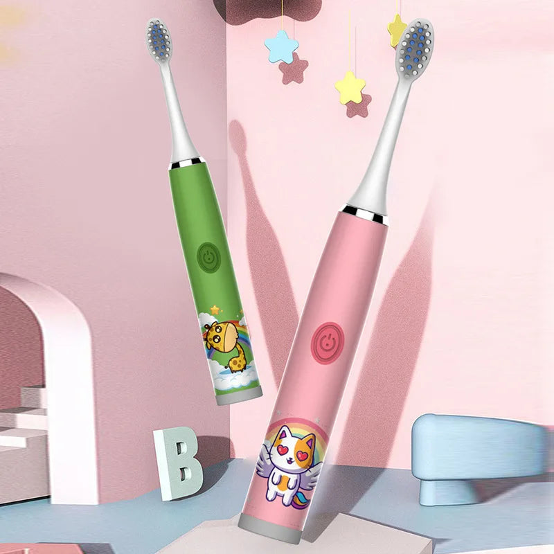 Brosse à dents électrique sonique USB pour enfants, Rechargeable, colorée, dessin animé, automatique, étanche IPX7, avec tête de remplacement
