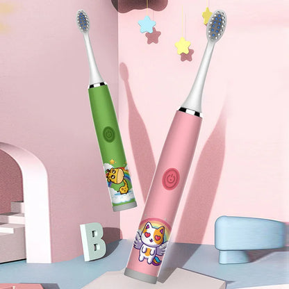Brosse à dents électrique sonique USB pour enfants, Rechargeable, colorée, dessin animé, automatique, étanche IPX7, avec tête de remplacement