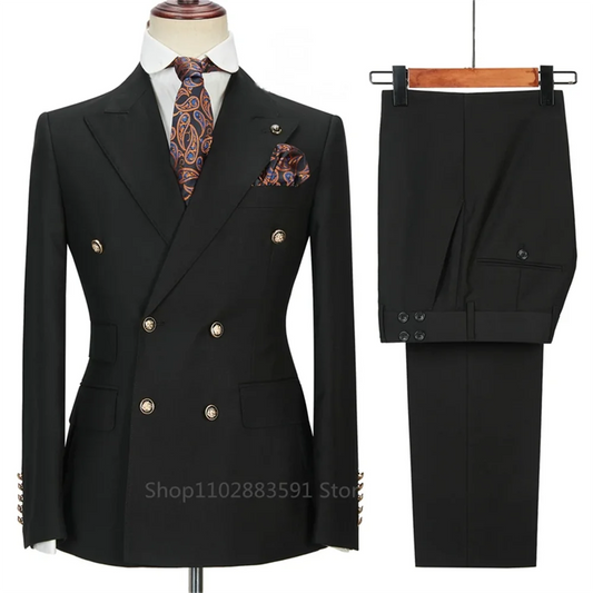 Manteau d'affaires à double boutonnage pour hommes, blazers de mariage minces pour hommes, veste et pantalon monochromes, manteau imbibé de documents, nouvelle mode, fjl, 2 pièces