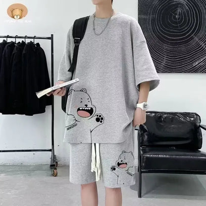 Survêtement d'été pour hommes, Streetwear de dessin animé japonais, Hip Hop Rock, décontracté, court imbibé cool, imprimé gaufré, ensemble 2 pièces, nouveau
