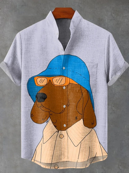 2025 hommes décontracté mode nouvelle chemise en lin Art imprimé chien de compagnie motif chemises mode décontracté et confortable hommes chemise unie