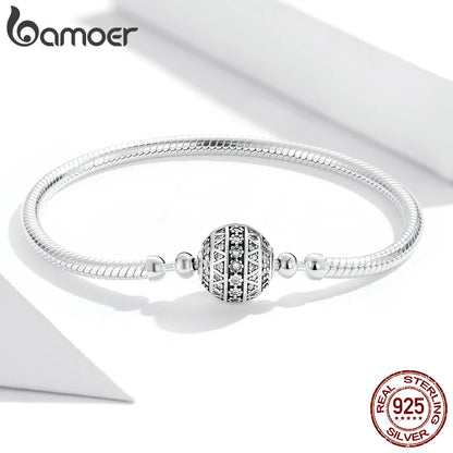 Bamoer 100% 925 argent Sterling éblouissant clair CZ fermoir rond serpent chaîne fleur fermoir Bracelet bijoux fins SCB062