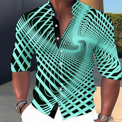 Chemise à boutons à motif géométrique pour hommes, manches longues, mode rue, extérieur, décontracté, quotidien, été, printemps et automne, col montant imprimé
