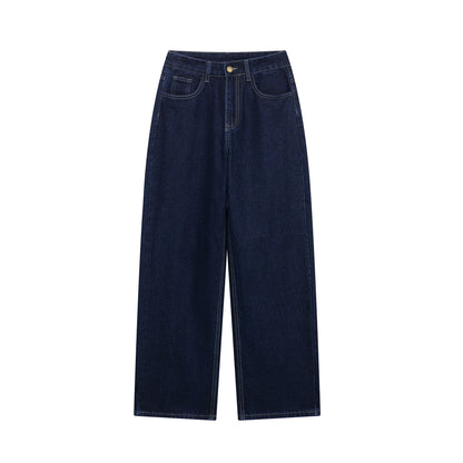 DUOPERI femmes mode Denim bleu marine pantalon droit Vintage jean taille haute pleine longueur femme Chic dame pantalon