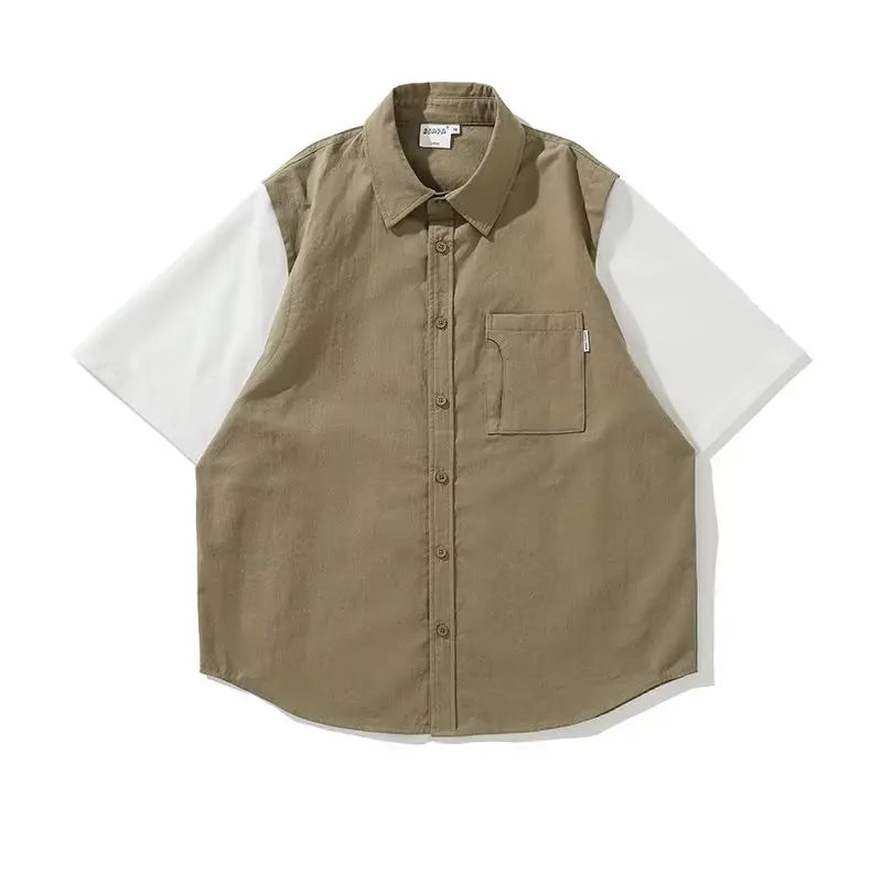 Ensemble deux pièces patchwork japonais pour hommes, chemises et pantalons cargo à manches courtes, faux deux demi-manches, poches, décontracté, couple, été