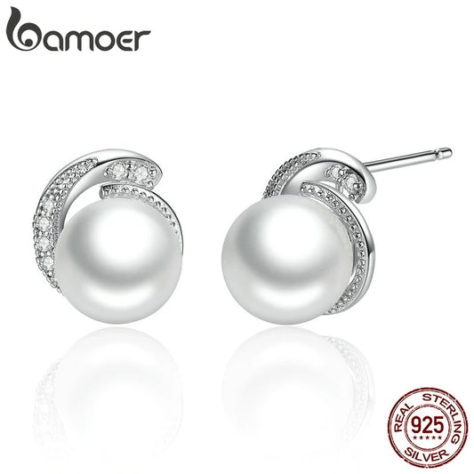 BAMOER-Boucles d'oreilles perle blanche en argent regardé 925