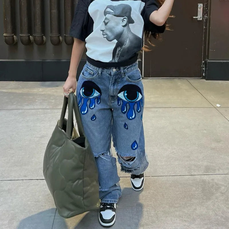 Jean Denim Imprimé Coeur pour Femme, Denim Découpé, Vêtements Danemark die, Streetwear, Taille Haute, Pantalon Baggy, Bleu, Y2k, Harajuku, Mode
