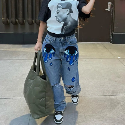 Jean Denim Imprimé Coeur pour Femme, Denim Découpé, Vêtements Danemark die, Streetwear, Taille Haute, Pantalon Baggy, Bleu, Y2k, Harajuku, Mode