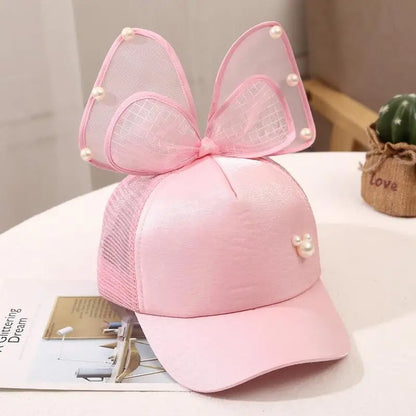Casquette de baseball avec nœud papillon doux pour filles, grande maille, casquette à visière pour bébé, coton réglable, chapeaux de soleil pour tout-petits, été