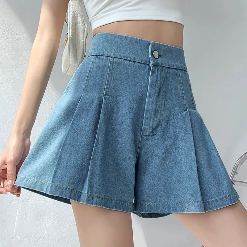 Short en Denim ample pour femmes, taille haute plissée, Mini court, ligne A, jambes larges, décontracté, été, 2025, Y2k