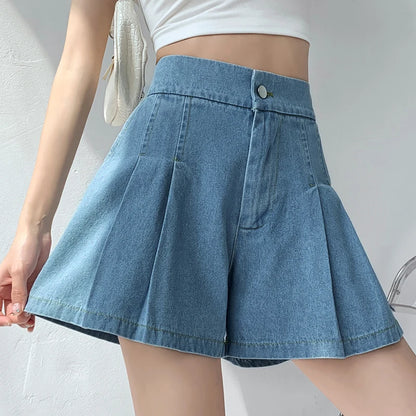 Short en Denim ample pour femmes, taille haute plissée, Mini court, ligne A, jambes larges, décontracté, été, 2025, Y2k