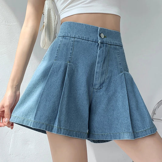 Short en Denim ample pour femmes, taille haute plissée, Mini court, ligne A, jambes larges, décontracté, été, 2025, Y2k