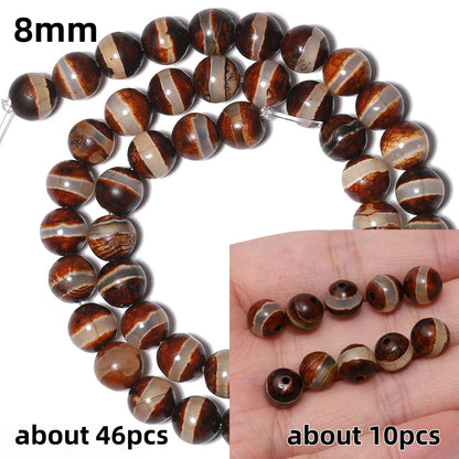 Perles rondes en agate Dzi naturelle, prière tibétaine, prairie mystique, perles pour bijoux, bricolage exécutif, accessoires de bracelet vintage, 6mm, 8mm, 10mm