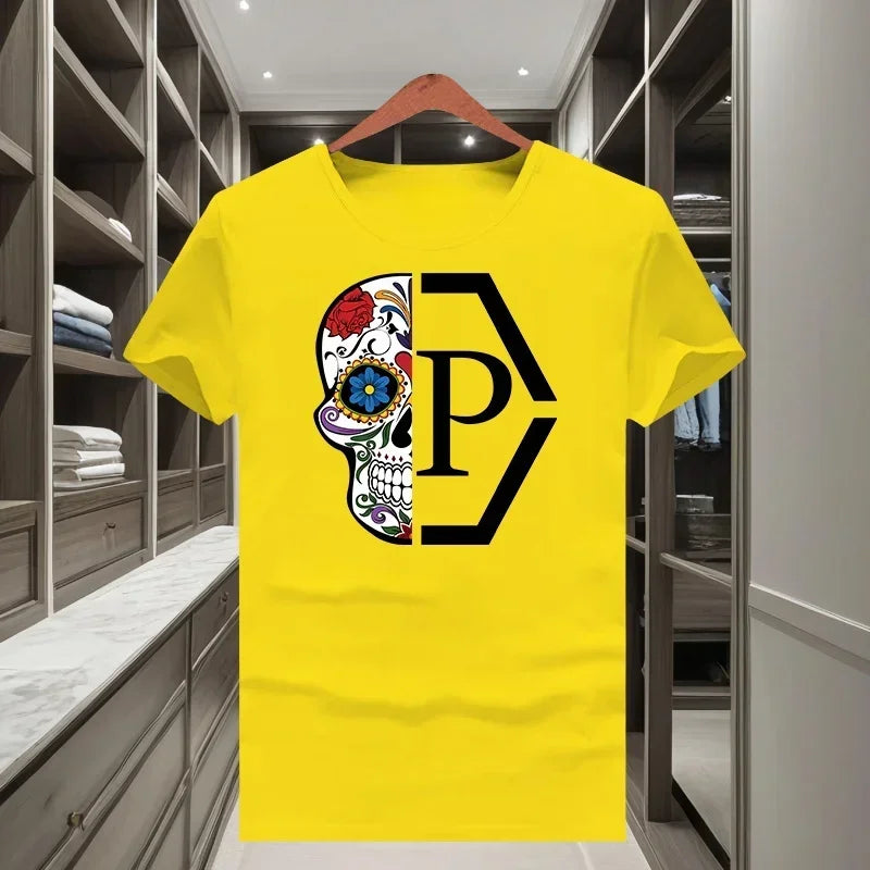 Classique à la mode marque demi crâne fleur imprimé hommes et femmes 2025 nouveau T-shirt à manches courtes col rond