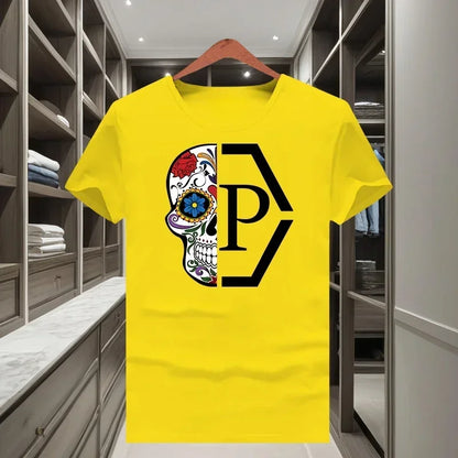 Classique à la mode marque demi crâne fleur imprimé hommes et femmes 2025 nouveau T-shirt à manches courtes col rond
