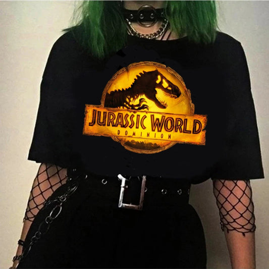 T-Shirt à Manches Courtes Blanc Vintage pour Femme, Streetwear Cool, Motif Dinosaure, Collection Estivale