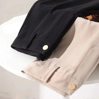 Pantalon de bureau pour femmes, coupe droite, ample, couleur unie, bouton assorti, fermeture éclair, taille haute, poches, crayon, printemps automne