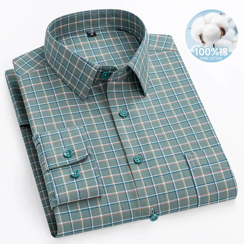 Chemise Oxford rayée à carreaux pour hommes, chemise sociale à manches longues, chemises de travail décontractées, poche, pur coton, qualité, S- 7XL, 8XL, 100%
