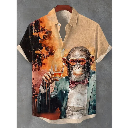 Chemises de plage imprimées en 3D de singe drôle pour hommes et femmes, chemise de plage hawaïenne décontractée, chemisiers de vacances, manches courtes, animal mignon, bouton Y