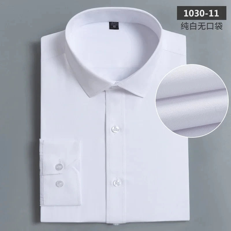 Nouveau coton hommes classique à manches longues robe chemise poche régulière coupe formelle affaires travail bureau décontracté bouton blanc chemises sociales