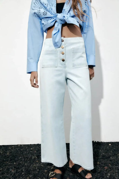 Jean taille haute à jambes larges pour femmes, pantalon en Denim amincissant avec poches décorées de Style rétro, de chine continentale, printemps été 2023