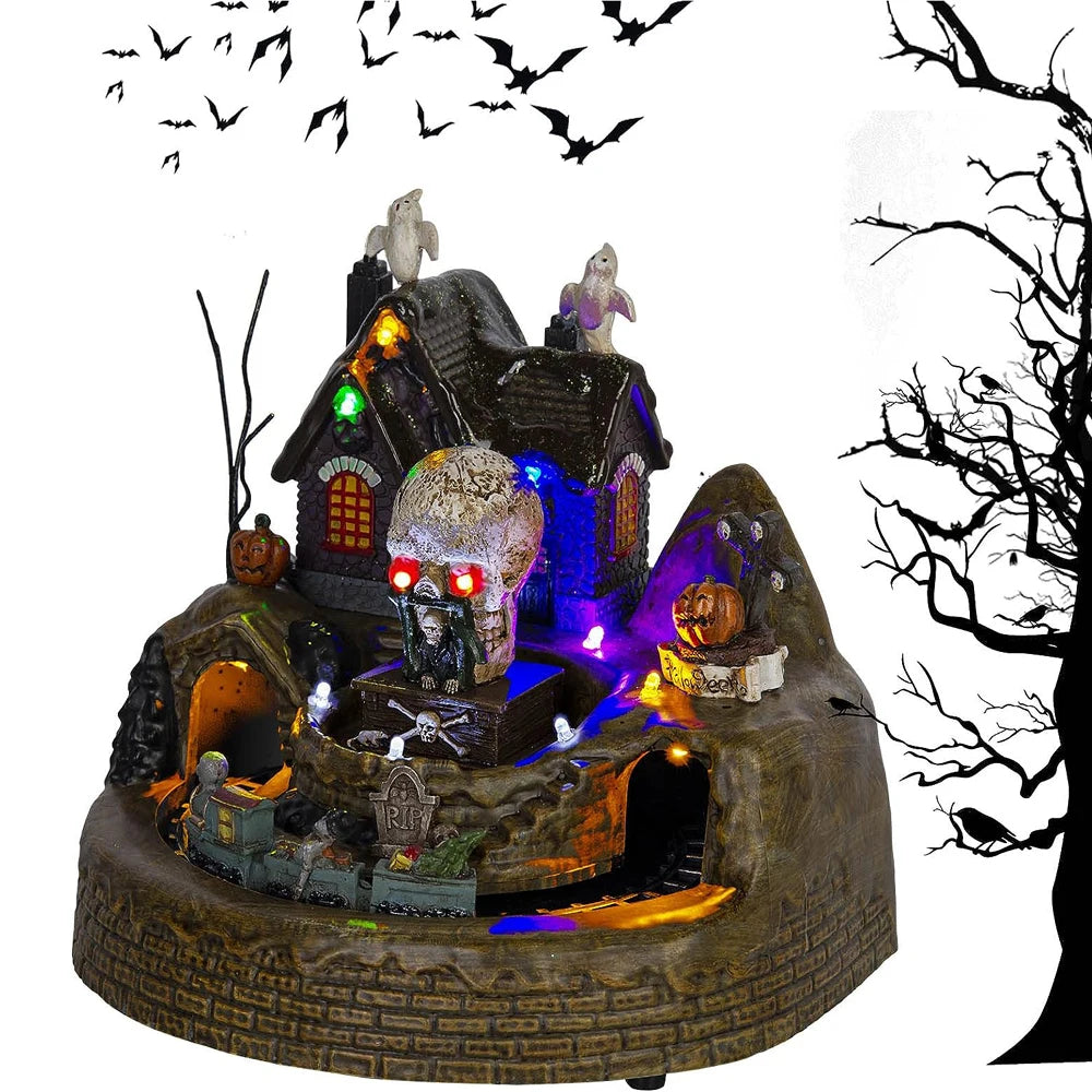 Décor de train de village de vacances d'Halloween avec lumières LED, figurines de fantômes et de squelette effrayants, décoration festive de maison hantée