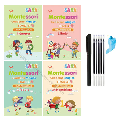 Cahier d'écriture magique Montessori, 4 livres, cahier de calligraphie espagnole, pratique des lettres calligraphiques éducatives réutilisables