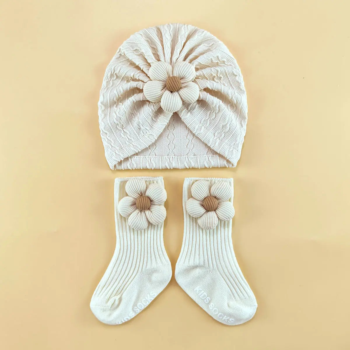 1 ensemble d'accessoires de casquette pour nouveau-né, bonnets doux, couvre-chef, chaussettes, ensemble de 2 pièces pour filles, chaussettes longues en dentelle à fleurs + chapeau
