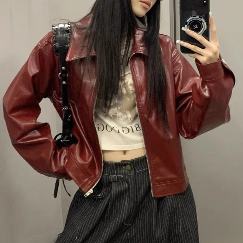 Veste en cuir à revers rouge rétro pour femme, manteau d'hiver ample pour fille, haut doux et cool, début d'automne, nouveau