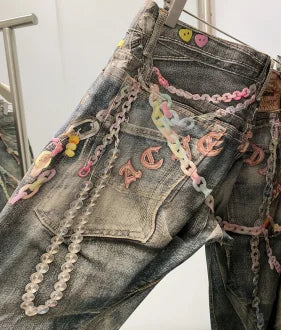 Jean en denim ample à jambes larges, style de rue, rétro, chaîne de bonbons imprimée neutre, nouveau couple, pantalon ample taille basse, printemps et été
