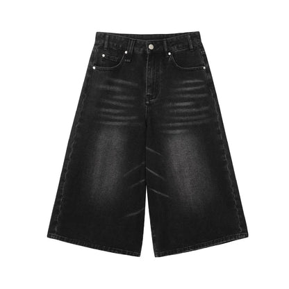 ReddaChic-Short en Denim pour Homme, Baggy Brossé, Vintage, Noir, Bord Brut, Décontracté, Y2k, Hip Hop, Jambes Larges