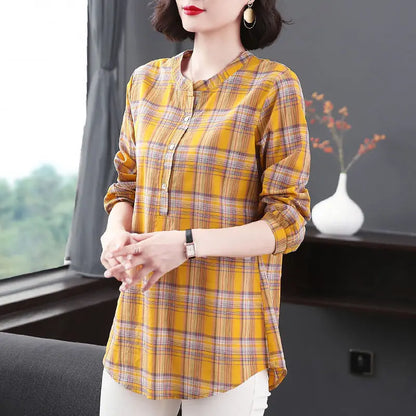 Chemise à carreaux à col rond pour femmes, vêtements d'été, Vintage, décontracté, manches 3/4, boutons épissés, pulls, chemisiers