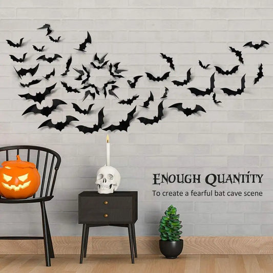 Décorations de chauves-souris d'Halloween, chauve-souris en PVC 3D sur le mur, autocollants muraux de chauves-souris noires, accessoires effrayants d'Halloween