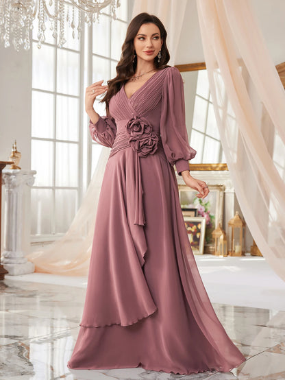 UNITHORSE – robe brodée de perles, manches longues, plissée sur le devant, petit col en v, fente latérale, manches lanternes, robe formelle pour femmes