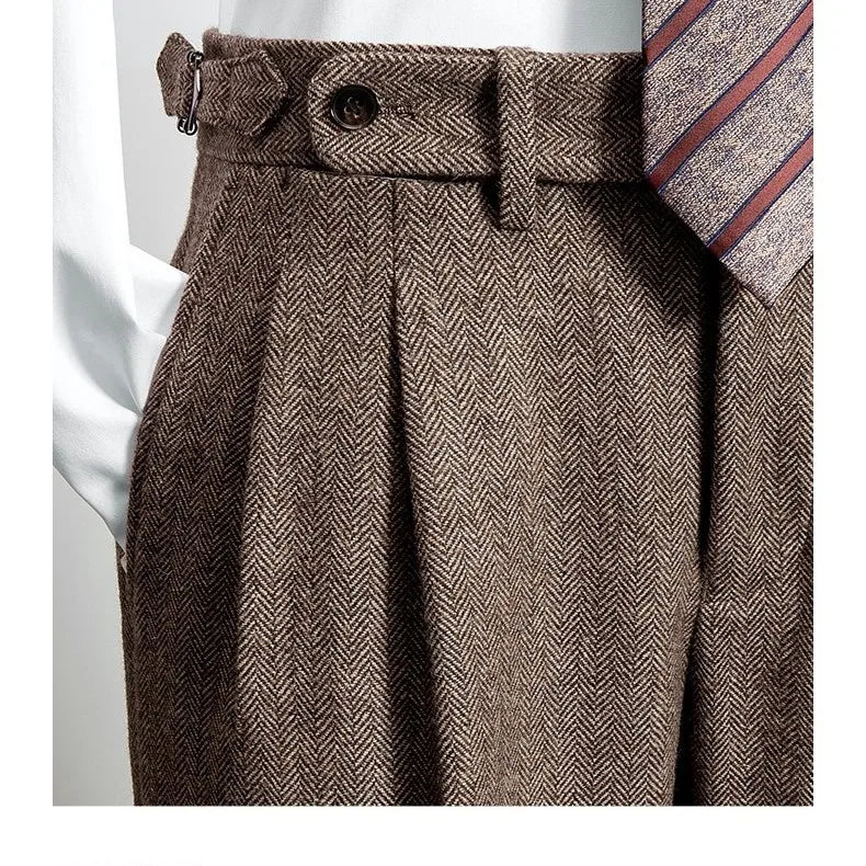 Pantalon Long en Tweed de laine pour homme, vêtement rétro, taille haute, chaud, ample, droit, costume, collection automne-hiver 20224, F319