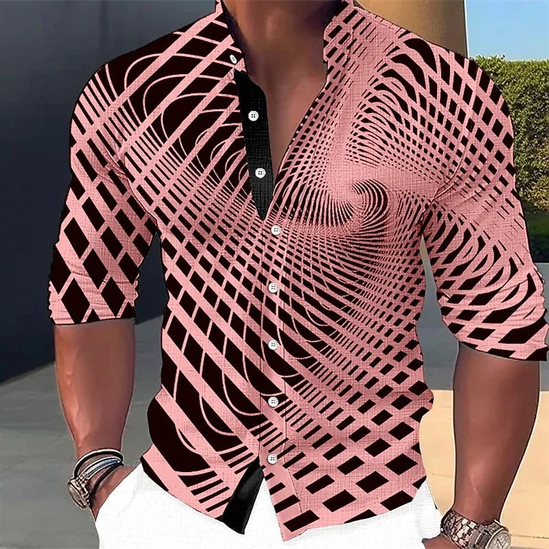 Chemise à boutons à motif géométrique pour hommes, manches longues, mode rue, extérieur, décontracté, quotidien, été, printemps et automne, col montant imprimé
