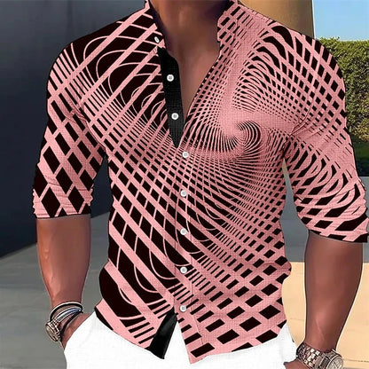 Chemise à boutons à motif géométrique pour hommes, manches longues, mode rue, extérieur, décontracté, quotidien, été, printemps et automne, col montant imprimé