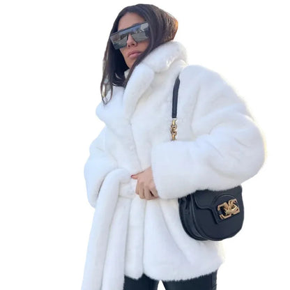 Veste en fourrure de lapin pour femme, manteau à col à revers, ceinture thermique épaissie, nouveau document solide, 2024