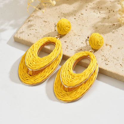 Boho tendance fait à la main Double couche ovale en raphia boucles d'oreilles pour les femmes élégant rotin tricot boucles d'oreilles bijoux d'été cadeaux