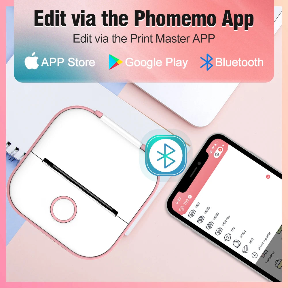 Phomemo-Mini imprimante thermique portable, imprimante d'étiquettes de poche BT sans fil, 203dpi, impression allergique 53mm, T02