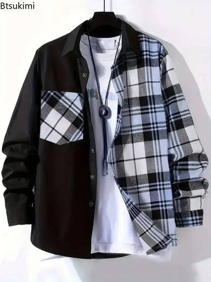 2025Men's printemps automne décontracté à manches longues chemise mode Patchwork Plaid conception simple boutonnage chemise manteaux confortable Cardigan