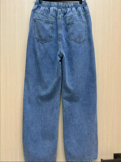 Bigsize cordon taille haute jean droit décontracté Baggy Cowboy pantalon jambe large pantalons femmes Vaqueros corée Denim pantalon