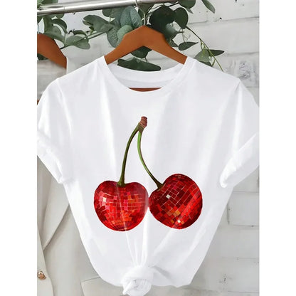 T-shirt manches courtes col rond femme, décontracté, imprimé cerise amusant, ample, à la mode et tendance, en coton