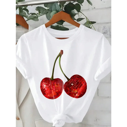 T-shirt manches courtes col rond femme, décontracté, imprimé cerise amusant, ample, à la mode et tendance, en coton
